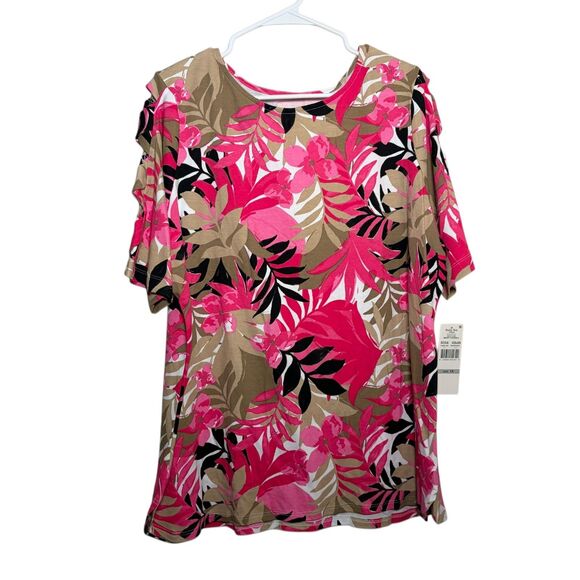 Ruby Rd Blouse Women's 1X Short Sleeve Printed Strappy Sleeve Shirt Top NWT - Picture 1 of 10